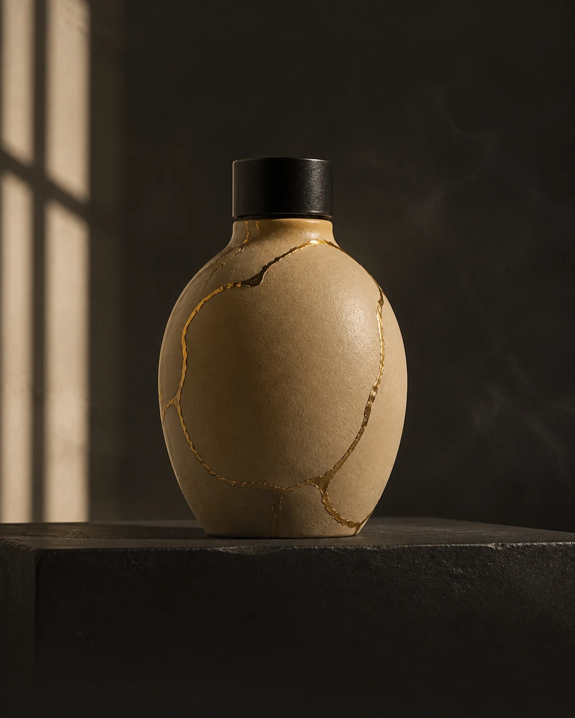 Rounded warm mineral-gold Enso flacon with an open-circle kintsugi repair.