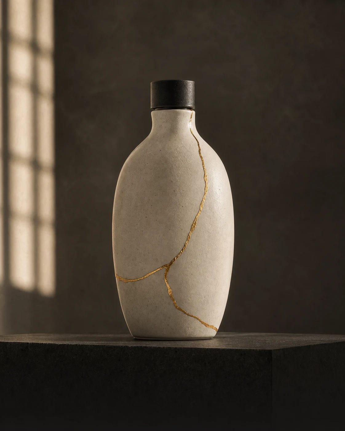 Tall hand-thrown bone porcelain Haku flacon repaired with irregular gold kintsugi seams.