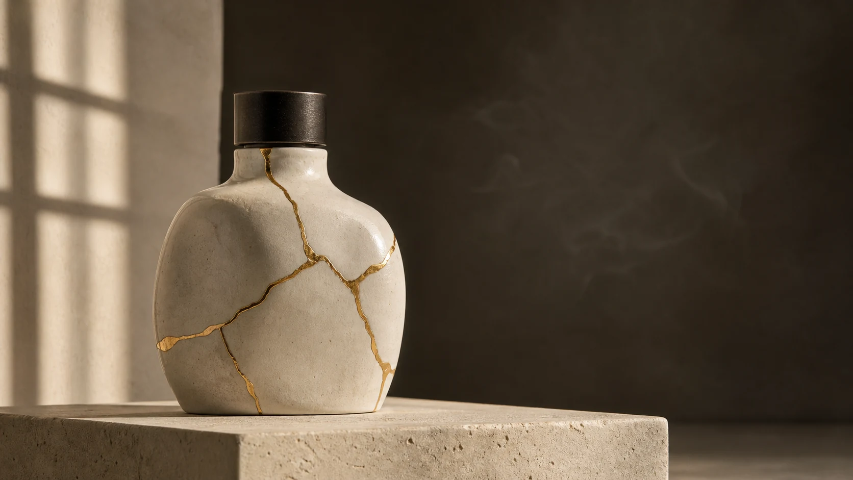 An ivory ceramic perfume bottle repaired with branching gold seams in warm window light