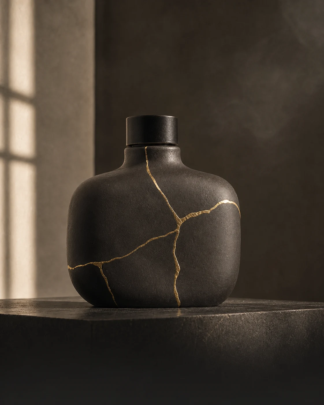 Broad smoked-charcoal ceramic Kosei flacon repaired with branching gold kintsugi seams.