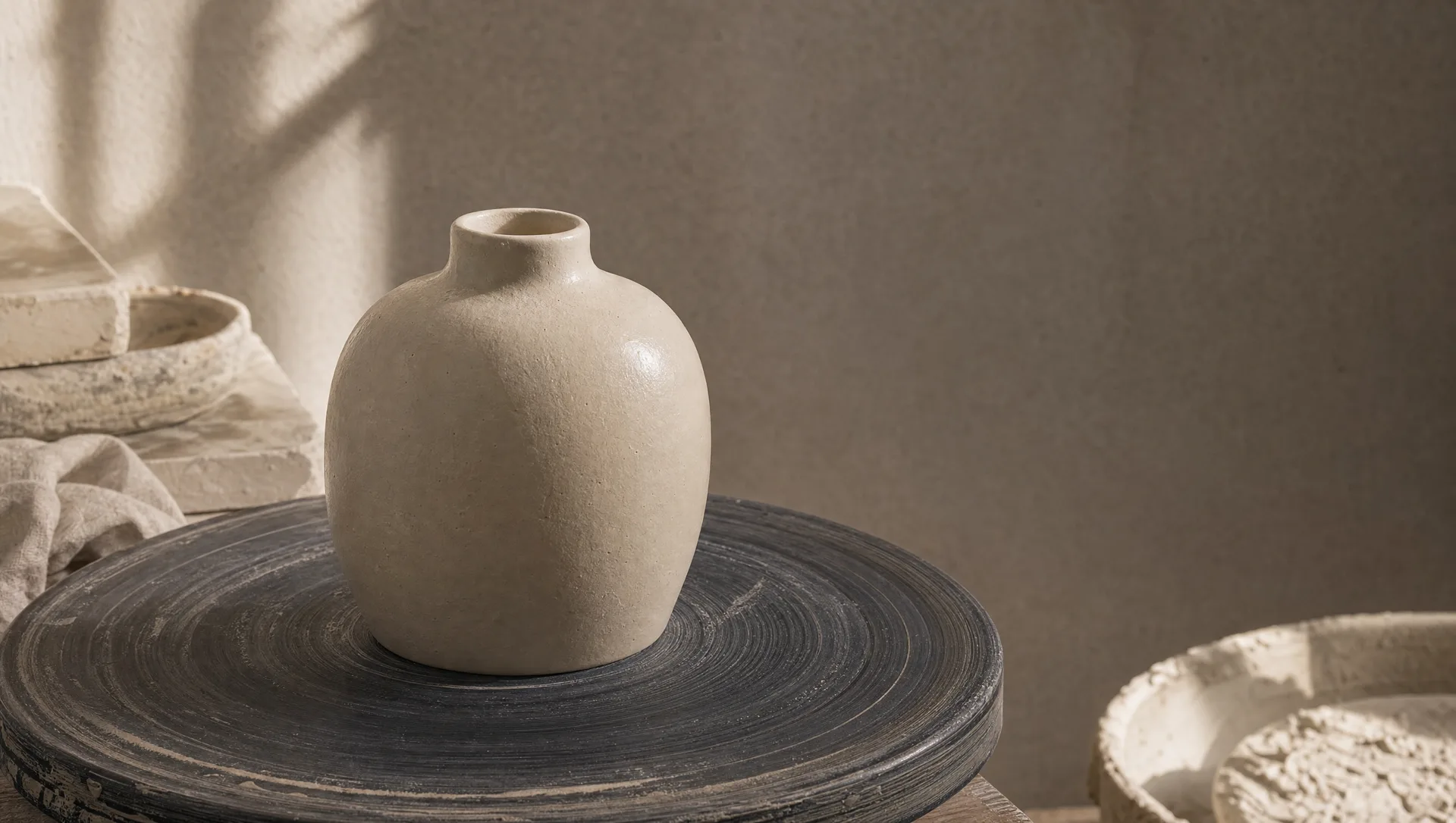 A raw ivory porcelain flacon on a charcoal pottery wheel before firing.