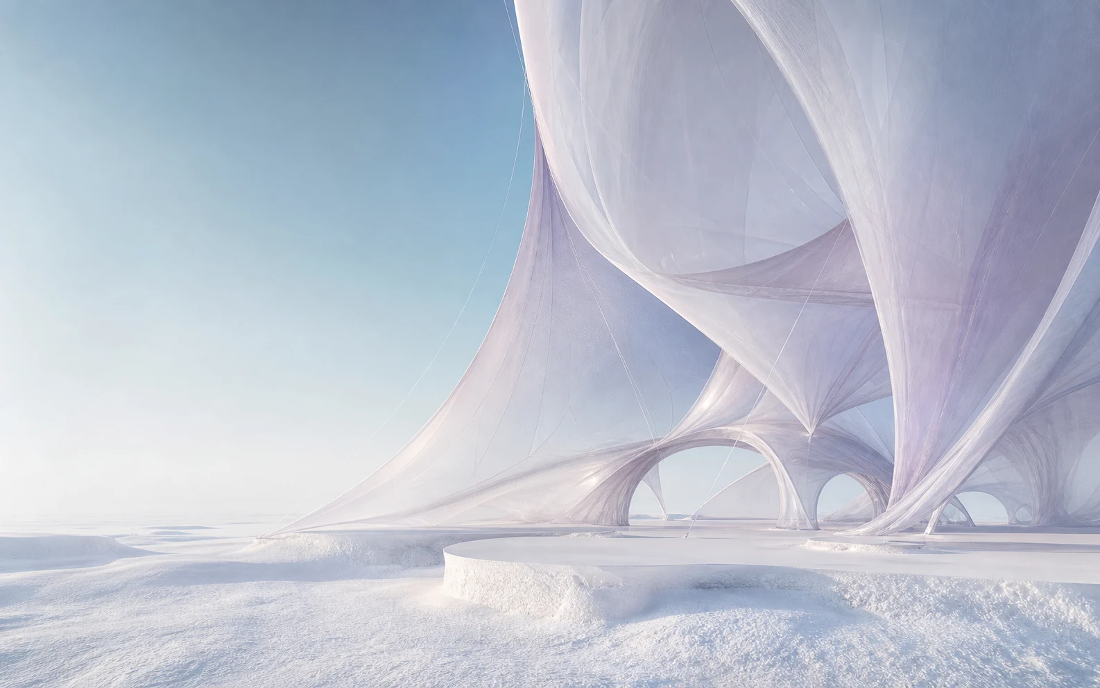 Vast translucent architectural membranes stretched into luminous arches beneath a pale sky