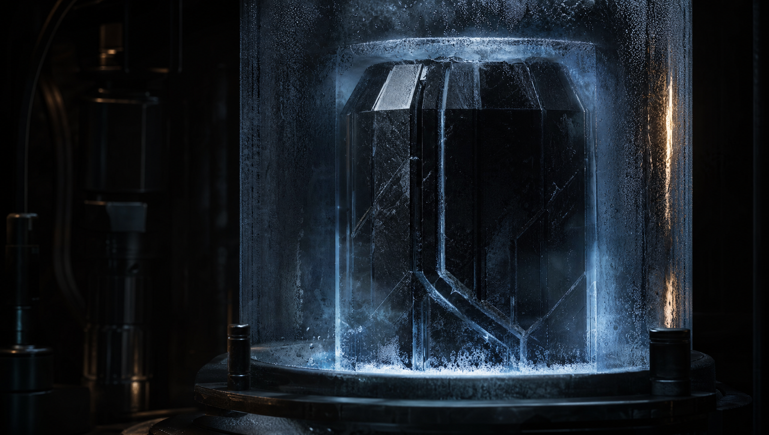 A faceted black computational core sealed inside a frost-covered chamber.