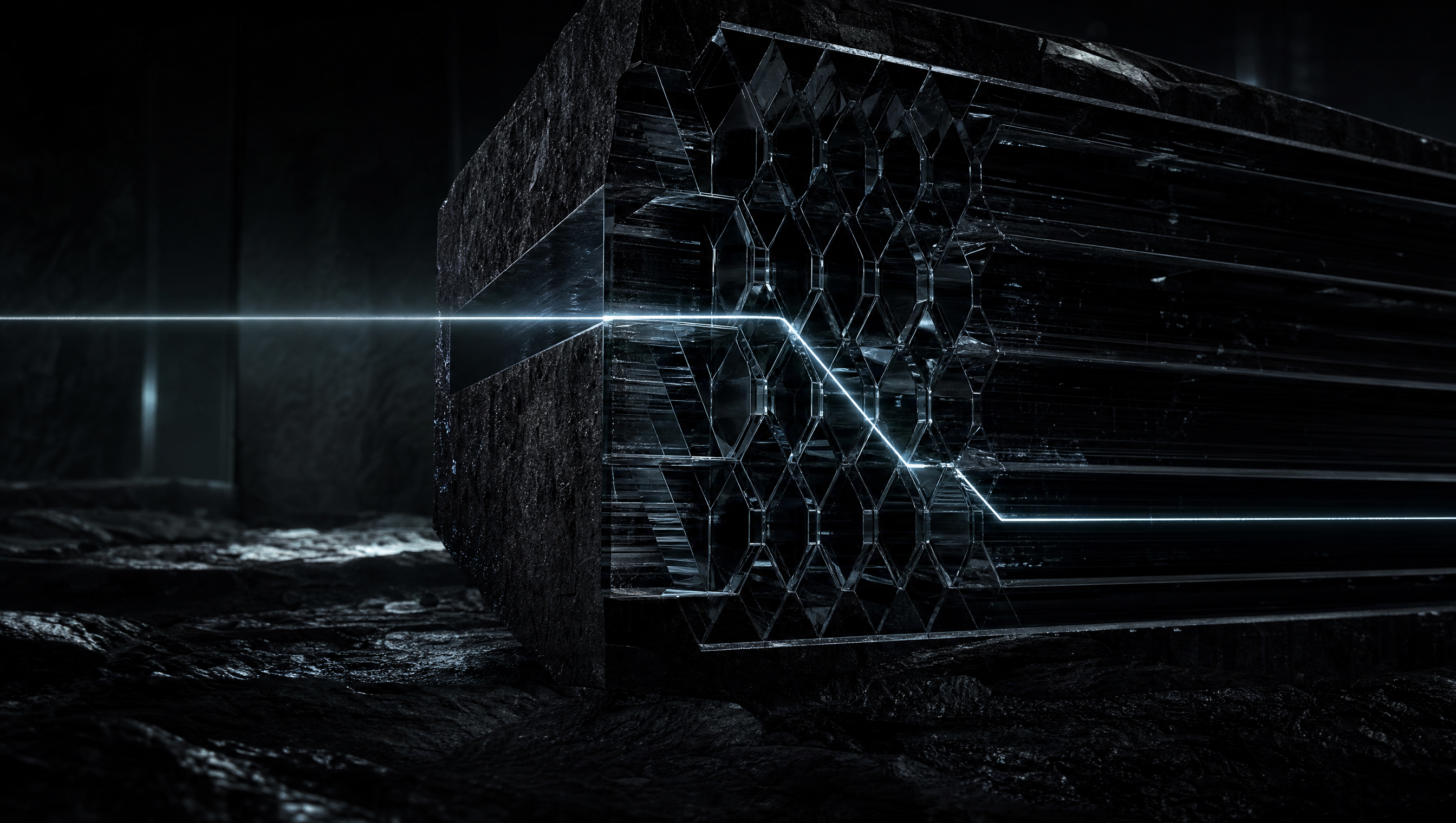A beam of light travelling through a black diamond waveguide lattice.
