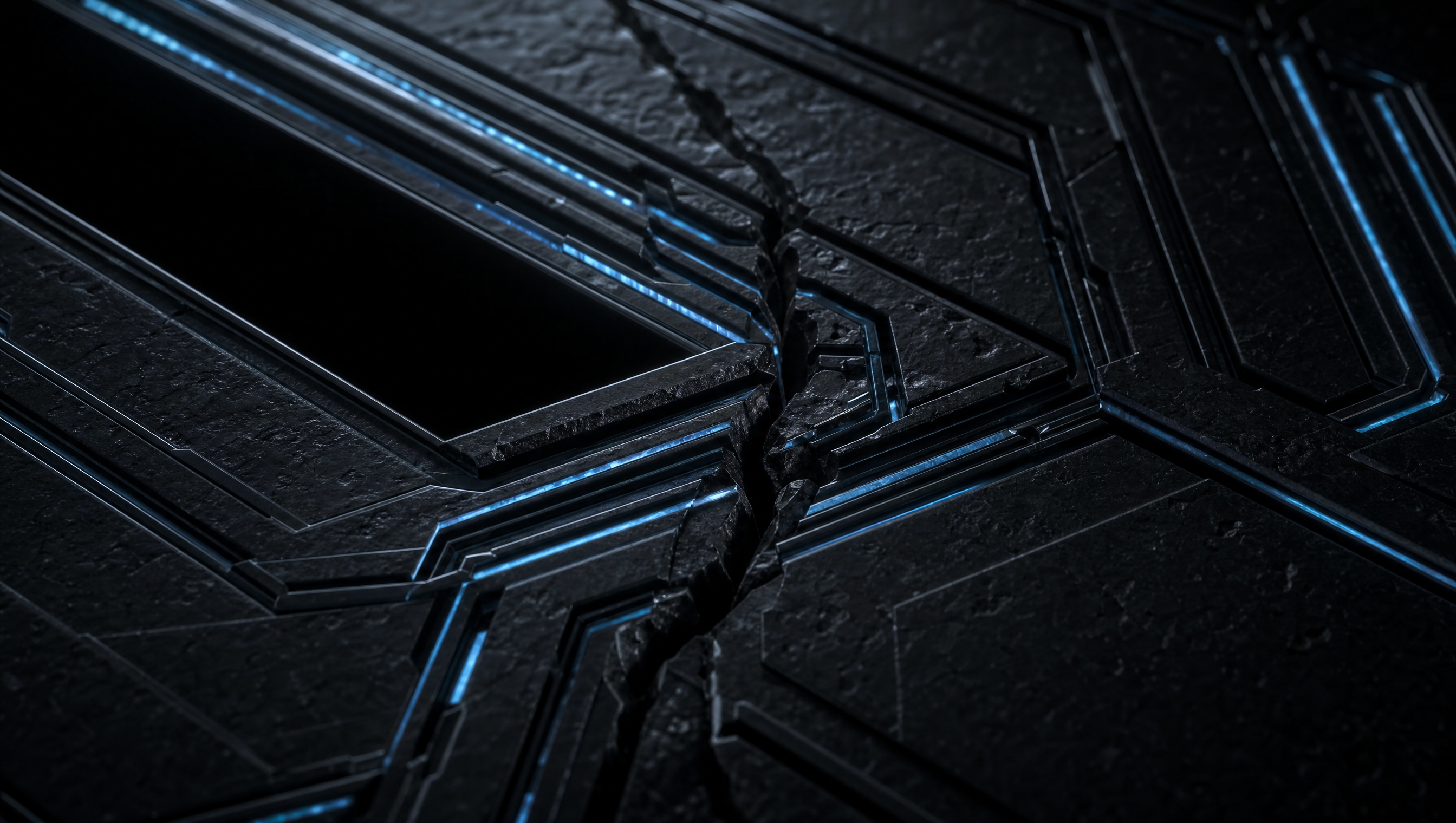 A fractured black computational surface traced by blue topological channels.