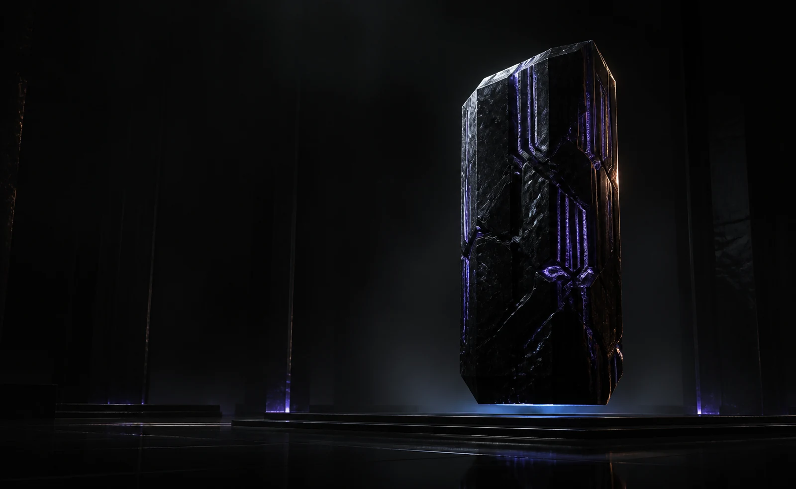 A faceted black computational monolith suspended in a dark violet-lit chamber