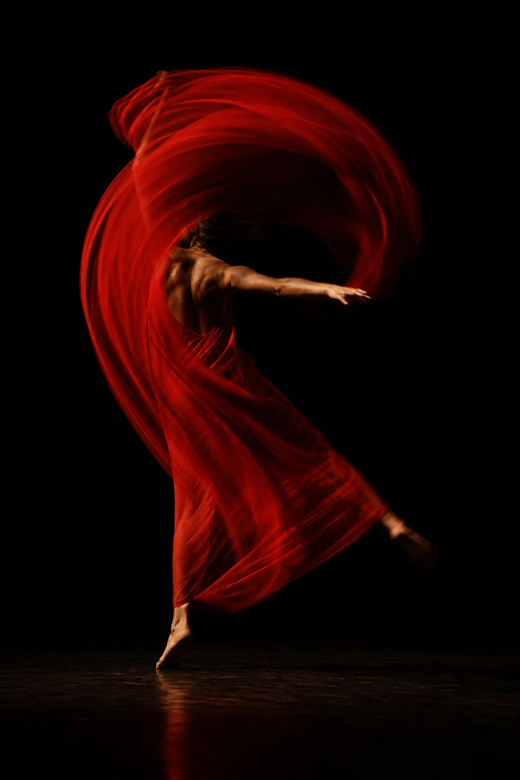 A dancer turning through a sweeping circular arc of red fabric on a black stage