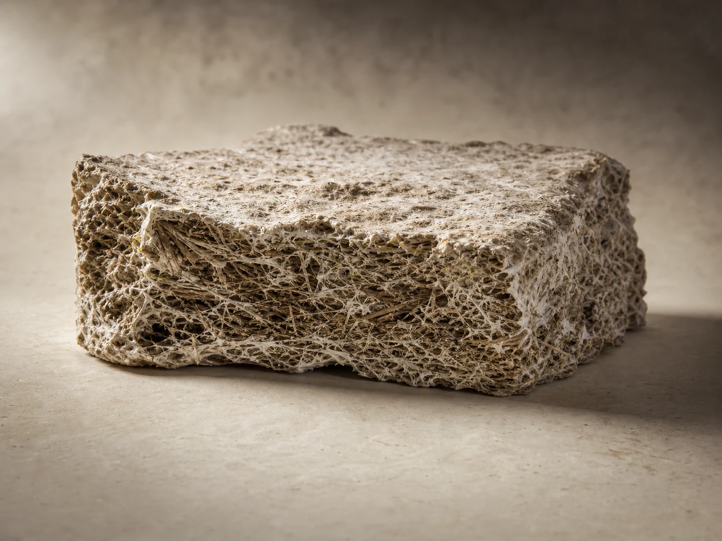 Dense structural mycelium and hemp composite specimen with an exposed fibrous cut face.