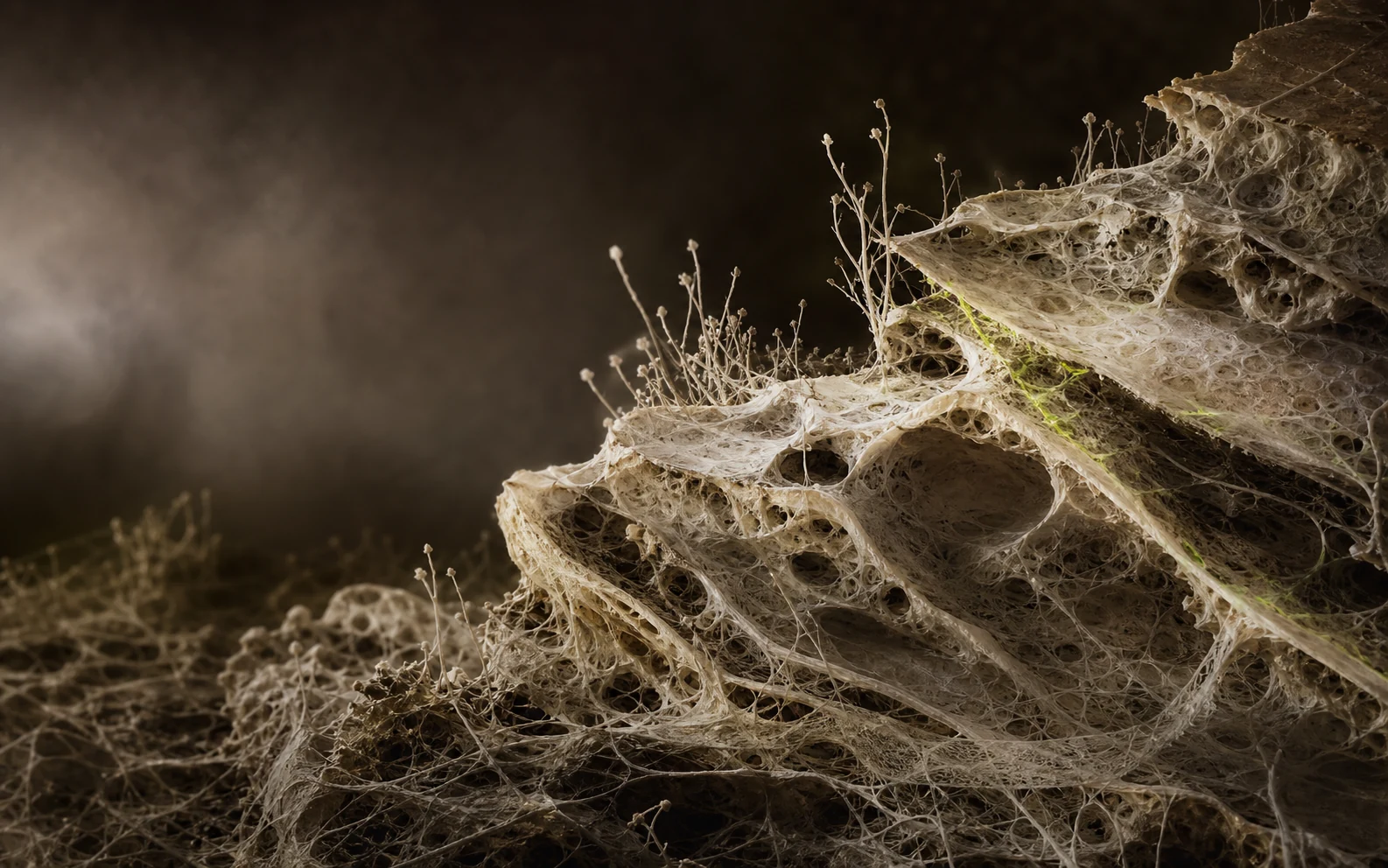 An intricate landscape of pale mycelium fibres and porous organic structures