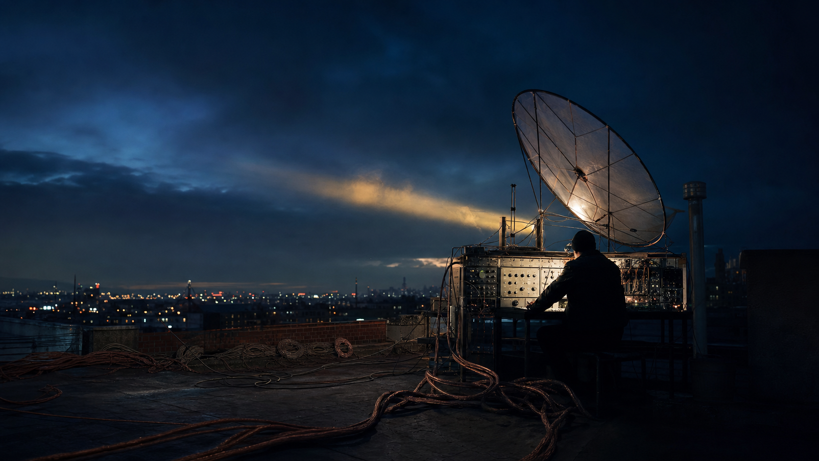 An illuminated handmade radio array and satellite dish on a city rooftop at night