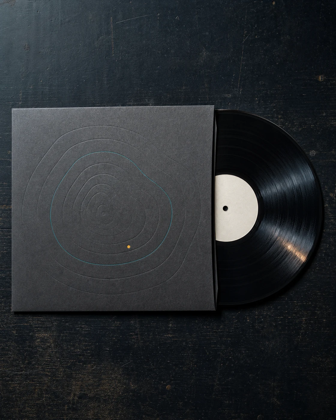 A black vinyl record half-slid from the embossed charcoal sleeve of Contour Memory.