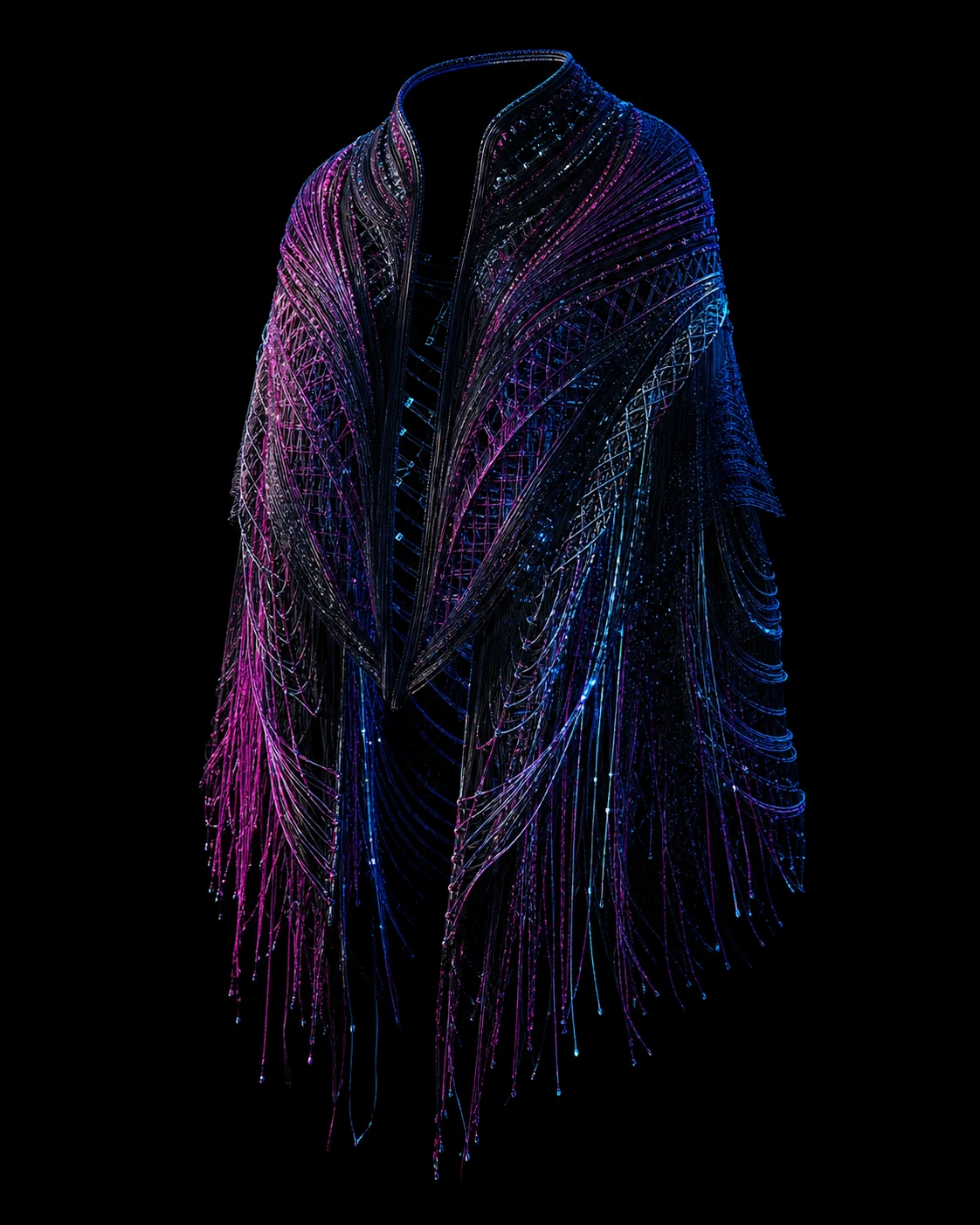 Empty kinetic mantle woven from luminous black, cobalt and magenta filaments