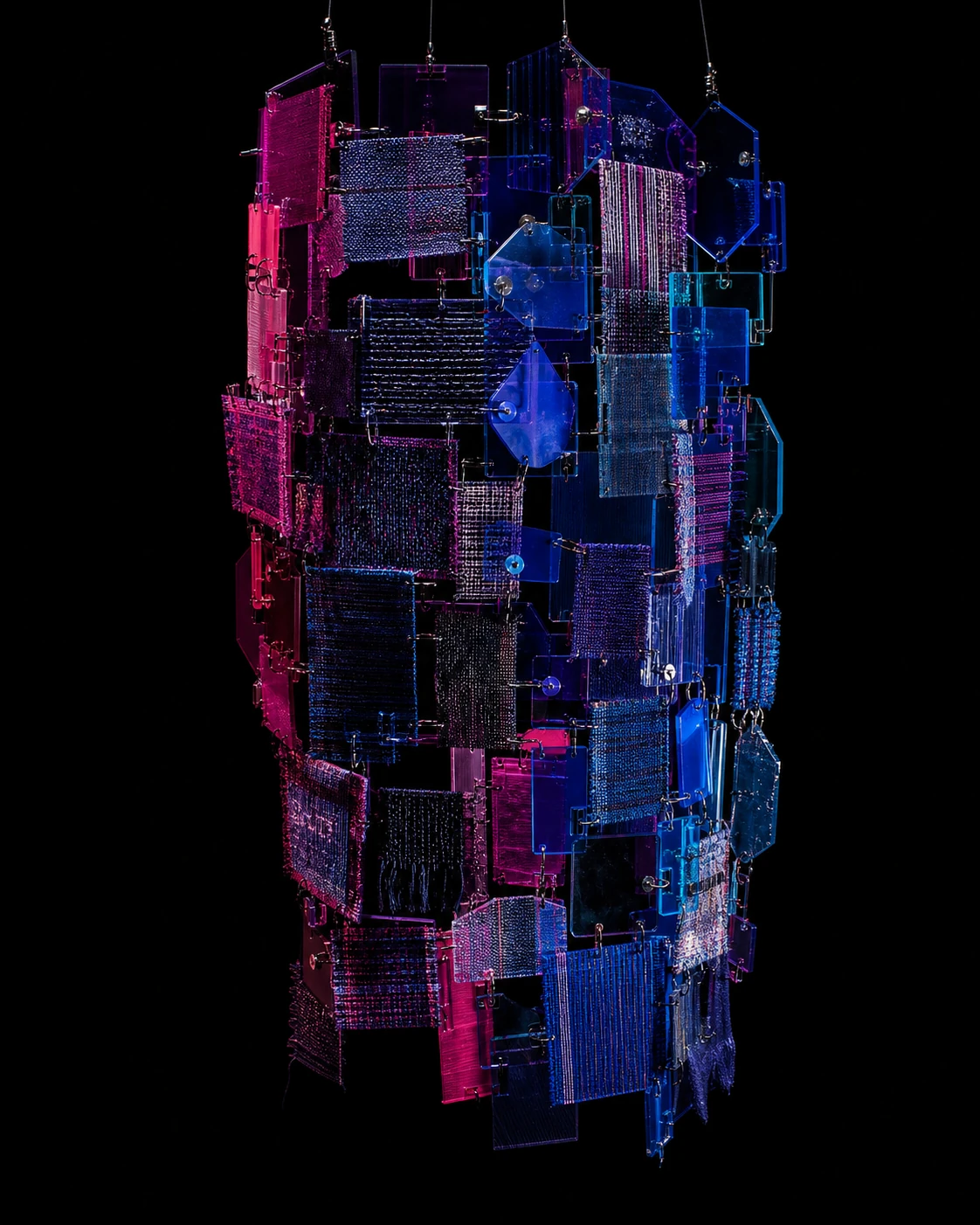 Suspended modular artifact of translucent resin tiles and woven textile swatches