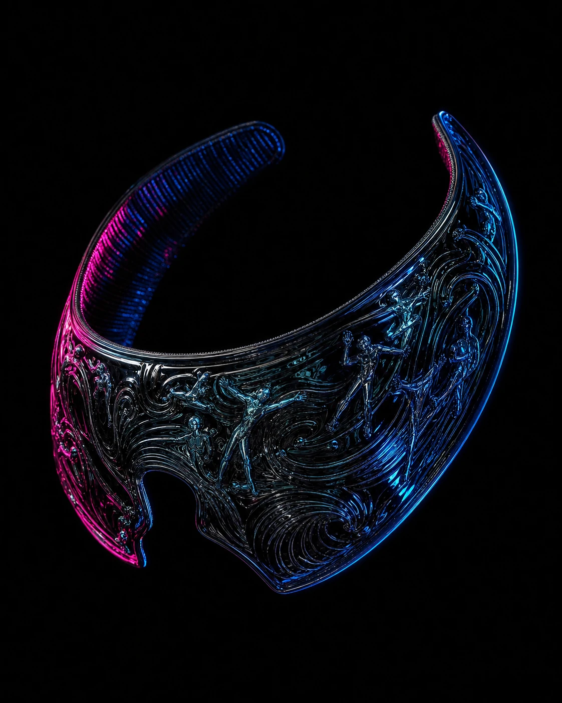 Hollow black lacquer visor embossed with luminous remembered gestures