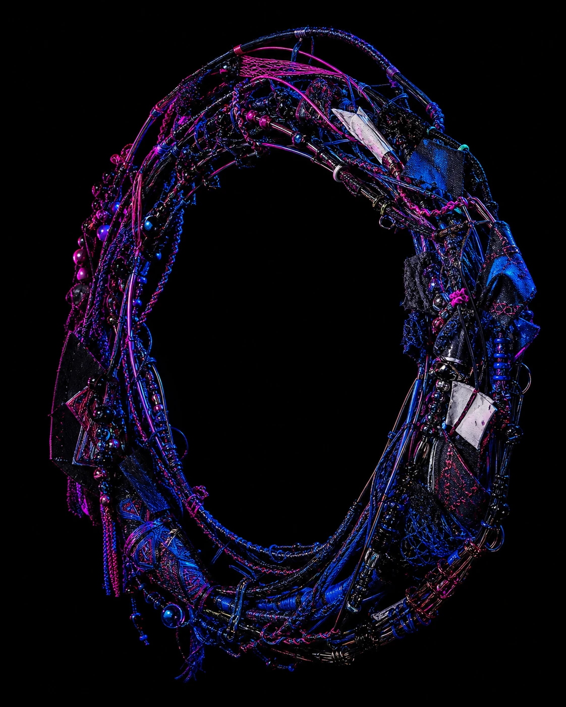 Sculptural ring assembled from cords, beads and folded textile pattern fragments