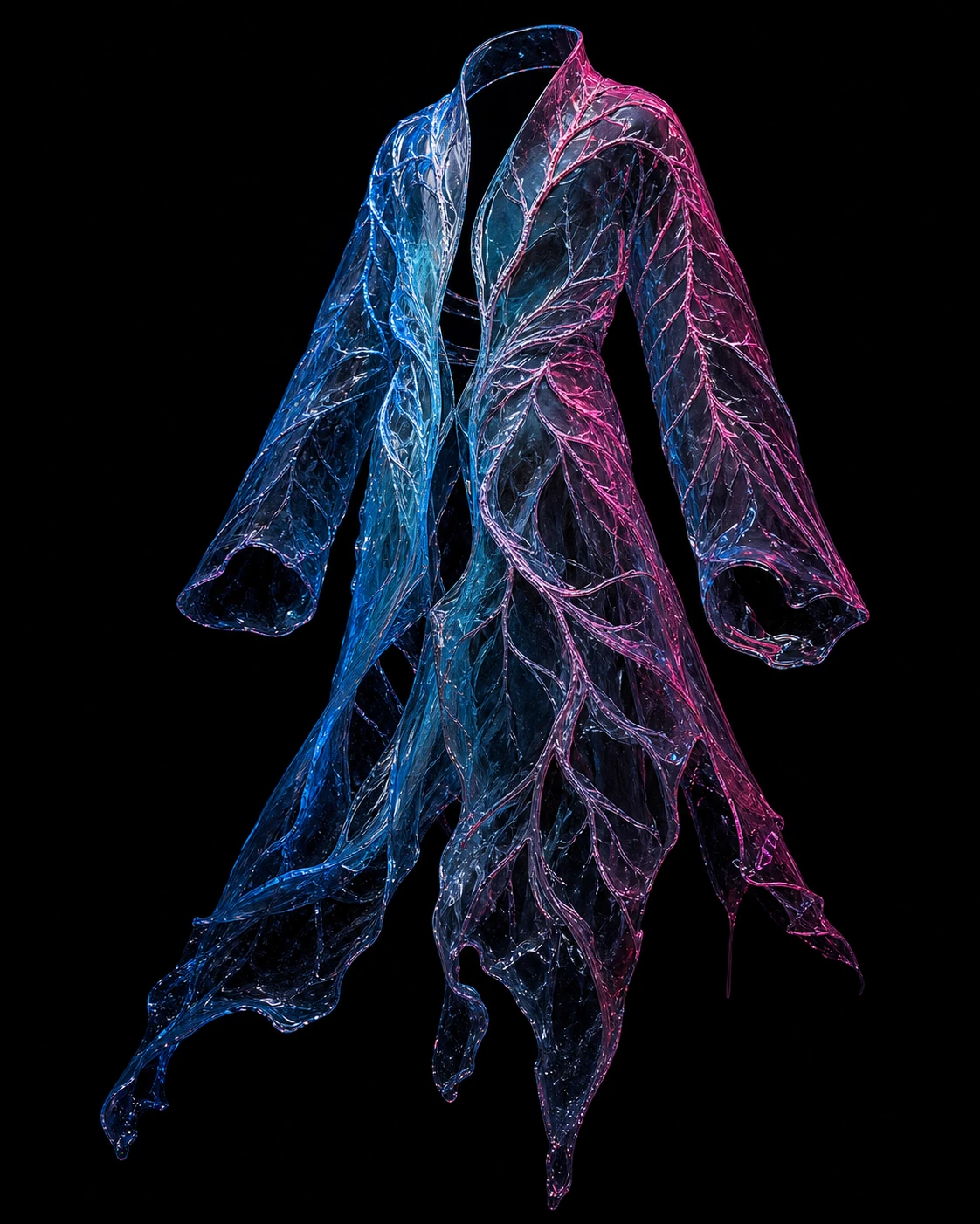 Empty translucent watershed garment with branching cobalt and magenta seams