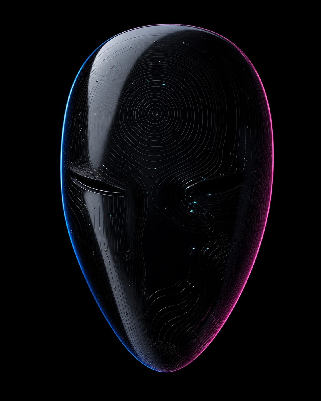 Expressionless obsidian mask etched with a subtle concentric sound map