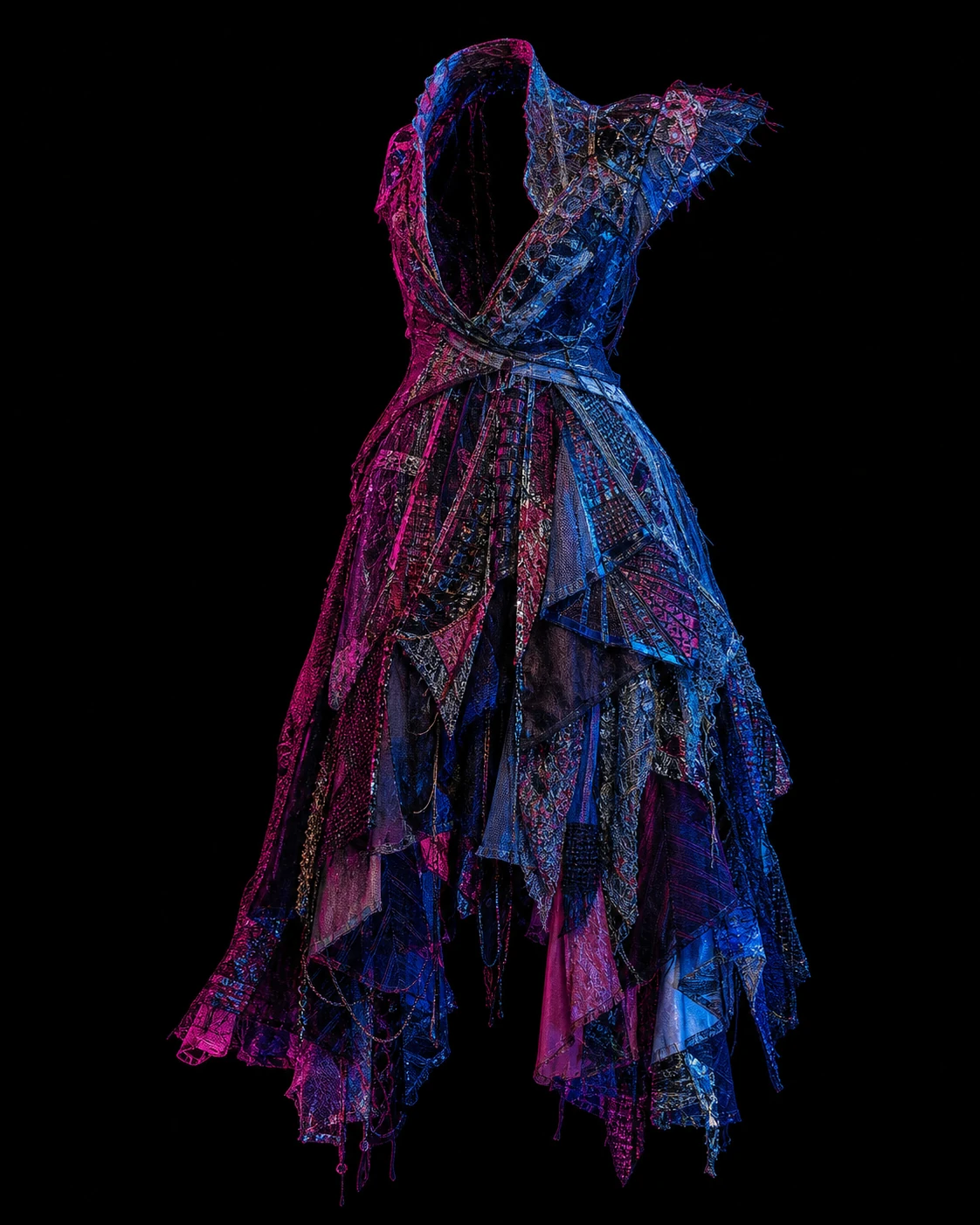 Empty asymmetric ceremonial dress assembled from contributed textile fragments