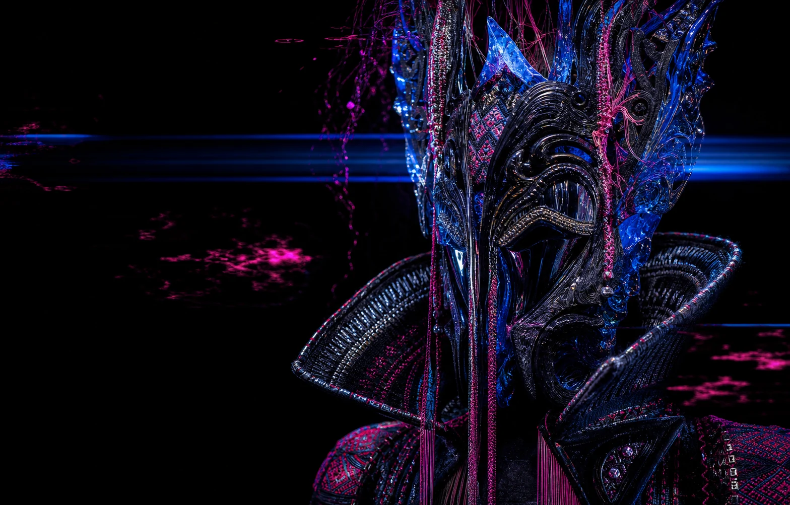 An elaborate black ceremonial mask woven with electric blue and magenta materials