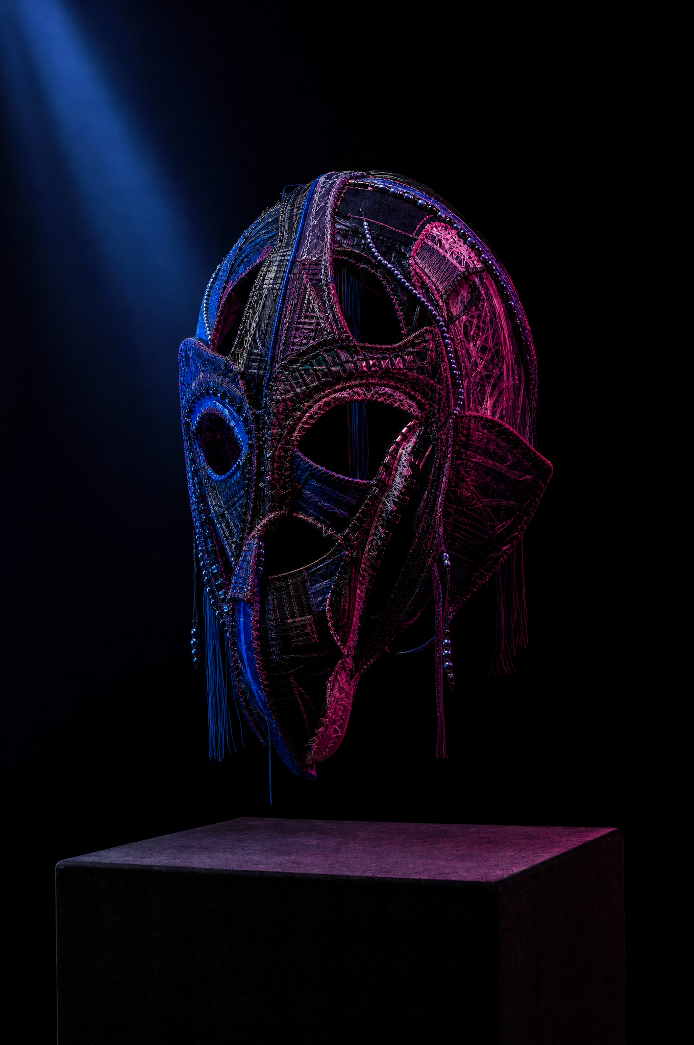 Ancestor Cache ceremonial mask in a singular cobalt archive portrait