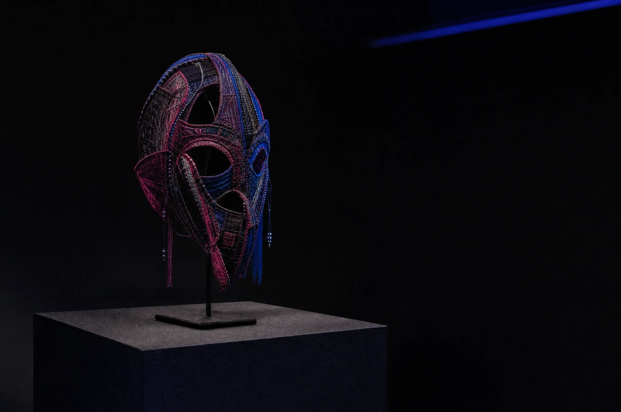 Ancestor Cache photographed as an archival material study under directional cobalt and magenta light