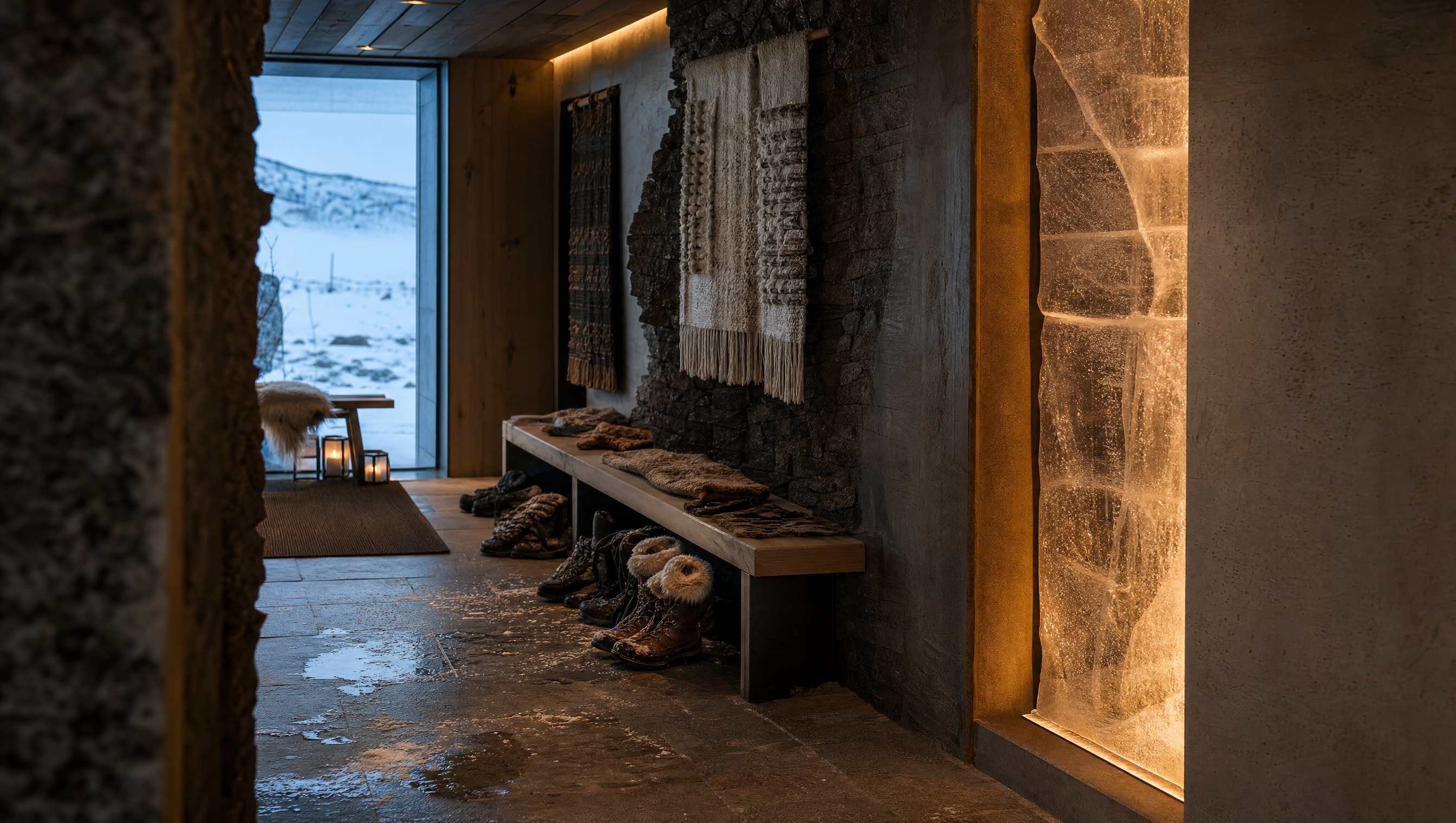 Basalt-and-wool arrival gallery viewed from an oblique doorway toward the polar horizon.