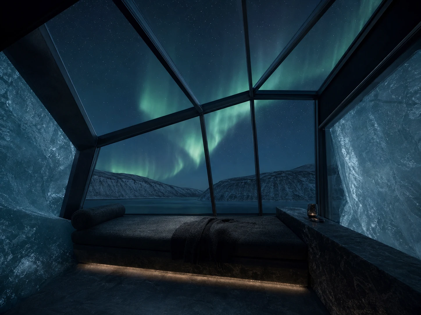 Glass-roof observation chamber with blue-ice walls beneath the aurora.