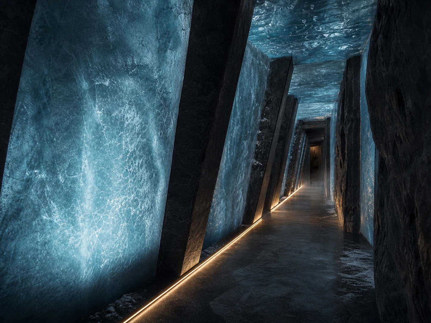 Blue-ice and basalt thermal passage lit by a warm floor-level guide light.